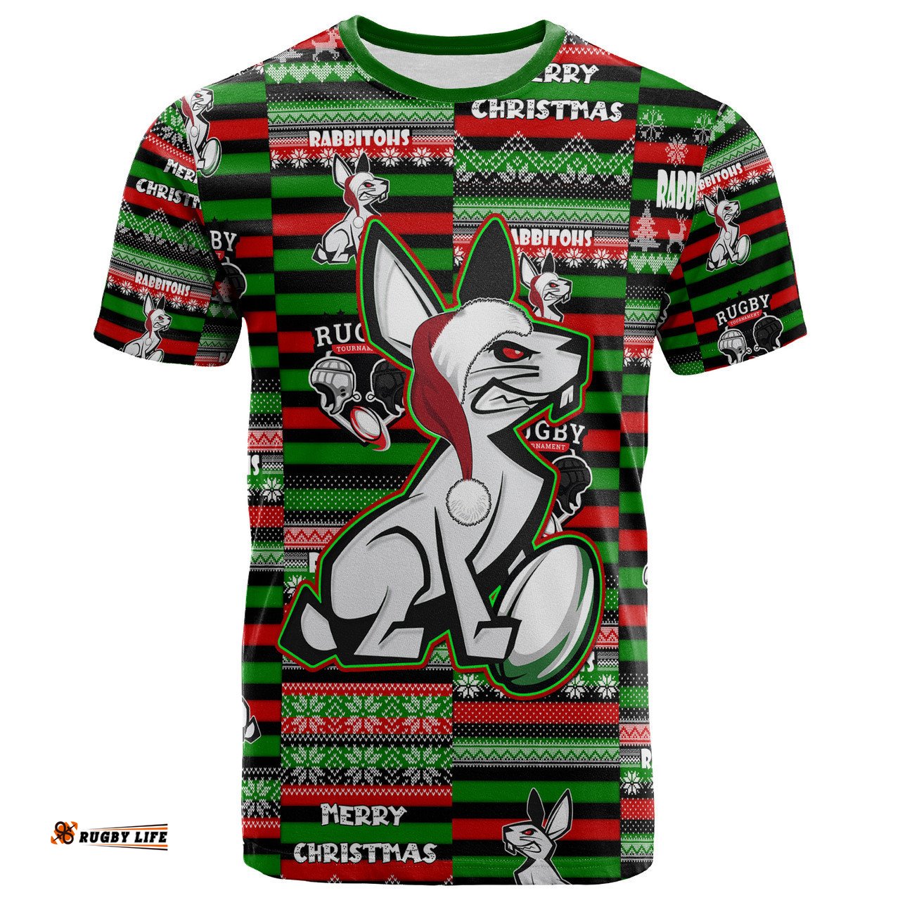 Amazing Aussie South Sydney Rabbitohs T-Shirt - South Sydney Rabbitohs Merry Christmas Random Square Pattern T-Shirt