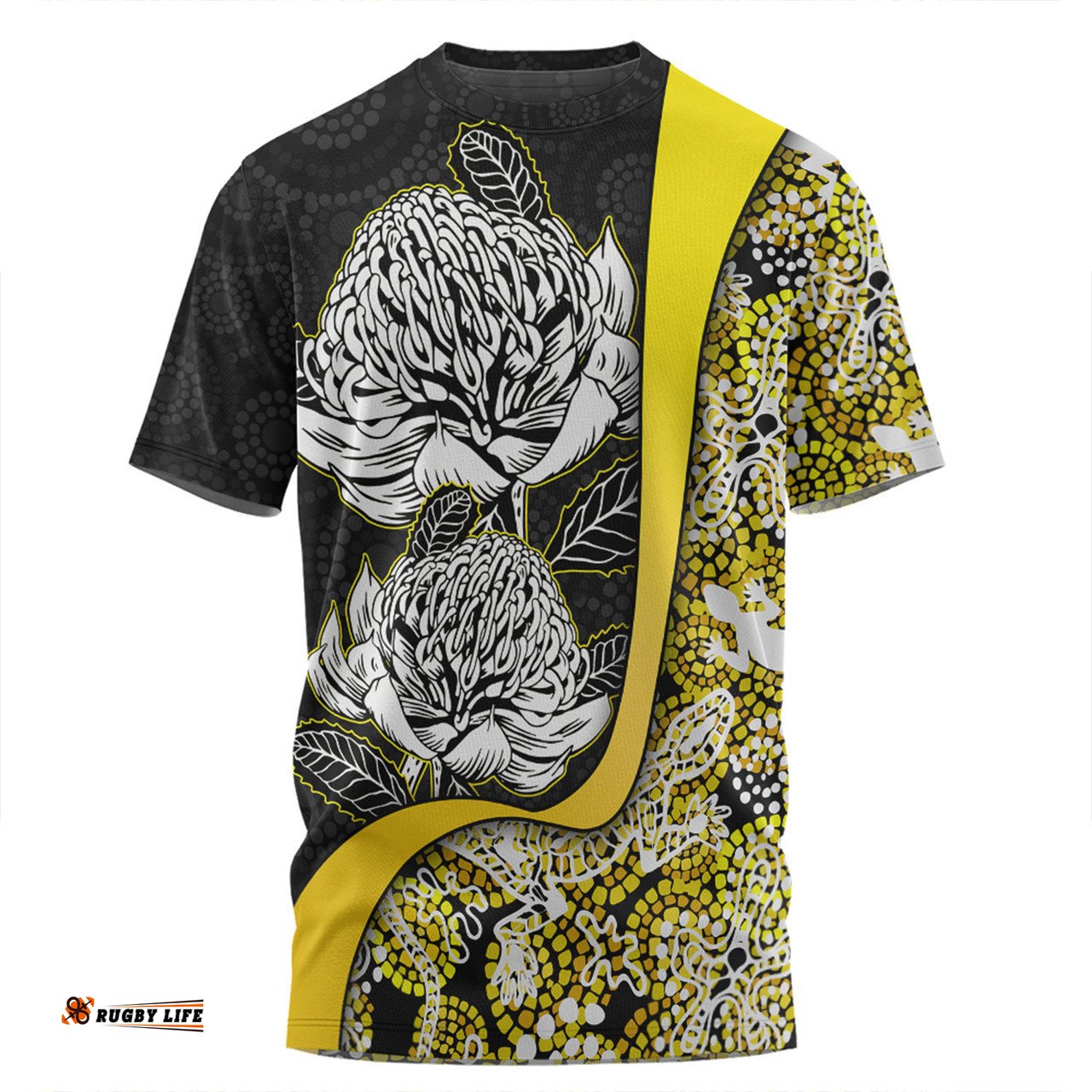 Amazing Aussie Australia  Warratah Goanna Aboriginal T-shirt - Waratah Flowers With Yellow Lizards, Stones, Sand Dot Art Painting Inspired T-shirt