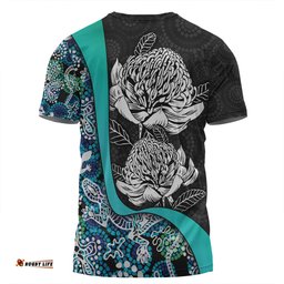 Amazing Aussie Australia  Warratah Goanna Aboriginal T-shirt - Waratah Flowers With Blue Lizards, Stones, Sand Dot Art Painting Inspired T-shirt