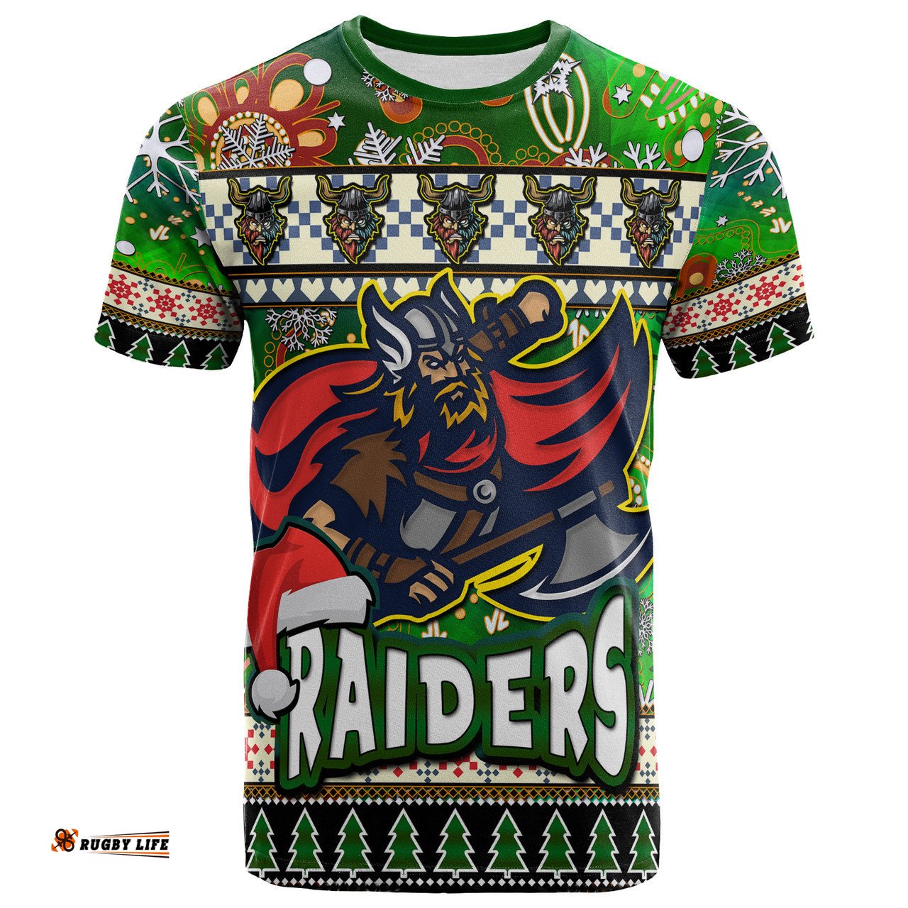 Amazing Aussie Canberra Raiders Christmas T-Shirt - Custom Xmas Raider Christmas Balls, Snowflake With Aboriginal Inspired Patterns T-Shirt