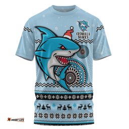 Amazing Aussie Cronulla-Sutherland Sharks Christmas Custom T-shirt - Ugly Xmas And Aboriginal Patterns For Die Hard Fan T-shirt