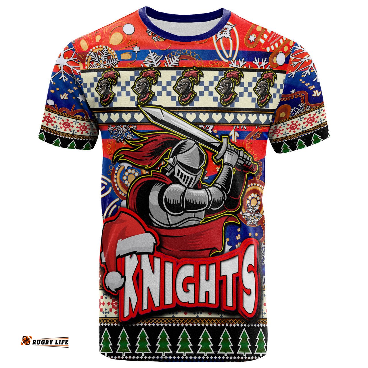 Amazing Aussie Newcastle Knights Christmas T-Shirt - Custom Xmas Newcastle Knights Christmas Balls, Snowflake With Aboriginal Inspired Patterns T-Shirt