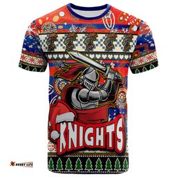 Amazing Aussie Newcastle Knights Christmas T-Shirt - Custom Xmas Newcastle Knights Christmas Balls, Snowflake With Aboriginal Inspired Patterns T-Shirt