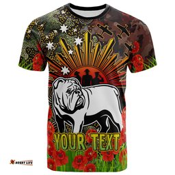 Amazing Aussie Canterbury-Bankstown Bulldogs Custom T-Shirt - Anzac Bulldog with Remembrance Poppy and Indigenous Patterns T-Shirt