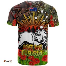 Amazing Aussie Canterbury-Bankstown Bulldogs Custom T-Shirt - Anzac Bulldog with Remembrance Poppy and Indigenous Patterns T-Shirt