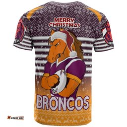 Amazing Aussie Brisbane Broncos Christmas Custom T-shirt - Brisbane Broncos Penrith Panthers Merry Christmas With Snowflake Pattern T-Shirt