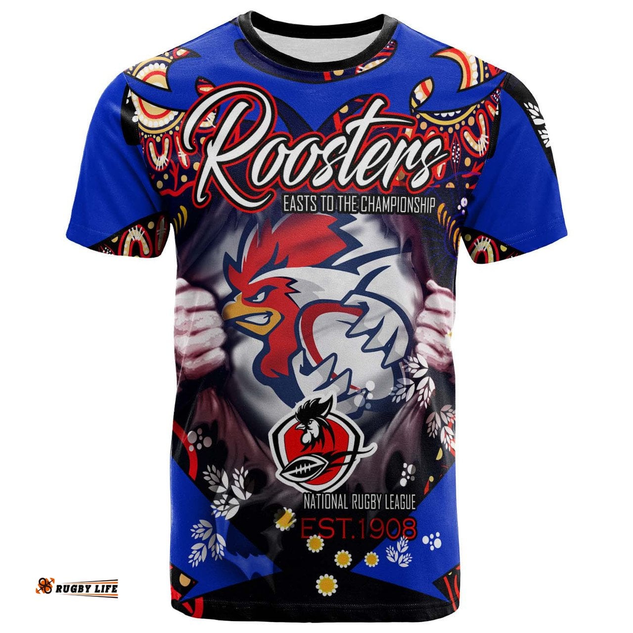 Amazing Aussie Sydney Roosters T-Shirt - Custom Personalised Sydney Roosters "Easts To Championship" Aboriginal Inspired Player And Number T-Shirt