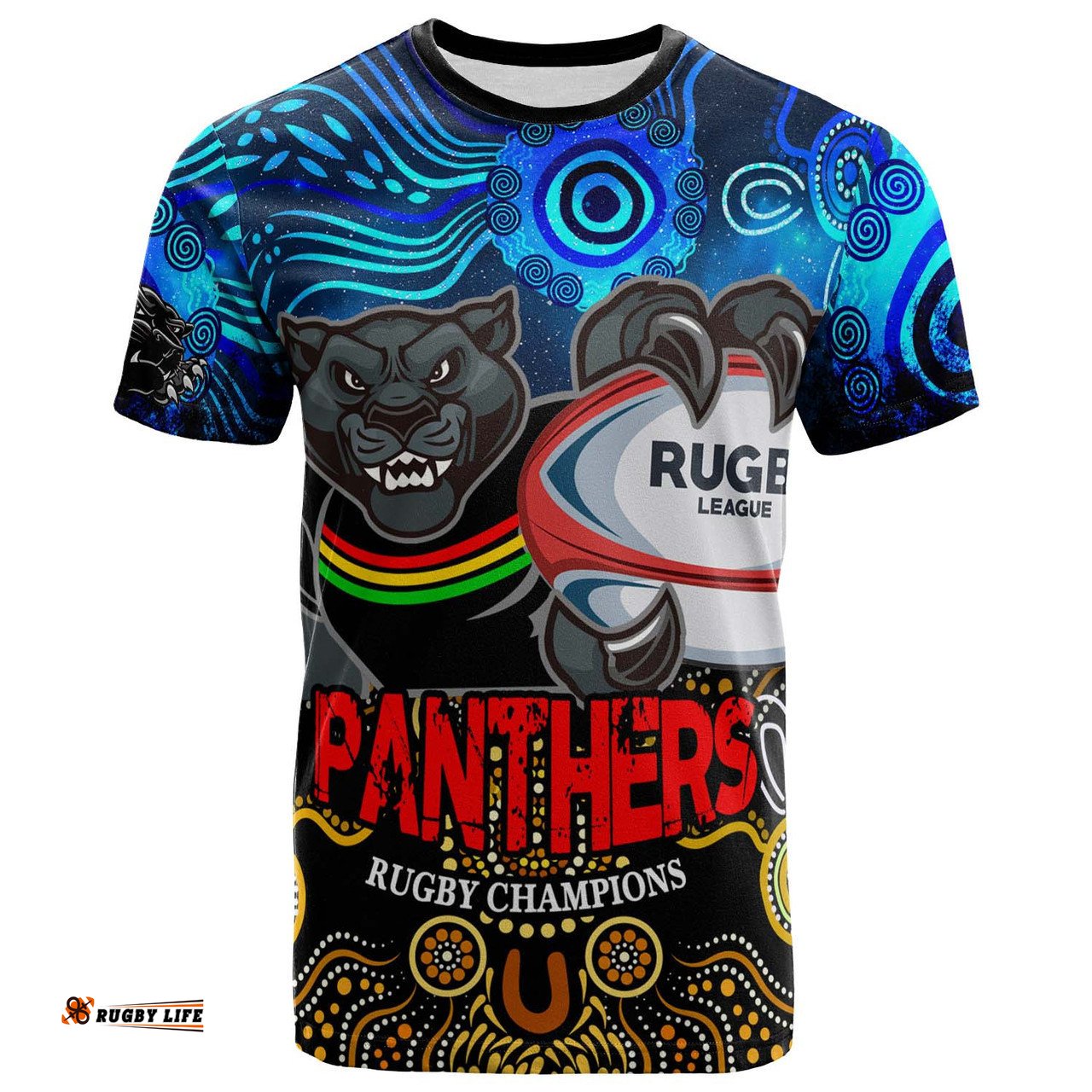 Amazing Aussie Penrith Panthers T-shirt - Custom Penrith Panthers Champions with Aboriginal Inspired Dot Painting Art Player And Number T-shirt