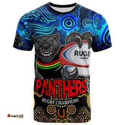 Amazing Aussie Penrith Panthers T-shirt - Custom Penrith Panthers Champions with Aboriginal Inspired Dot Painting Art Player And Number T-shirt
