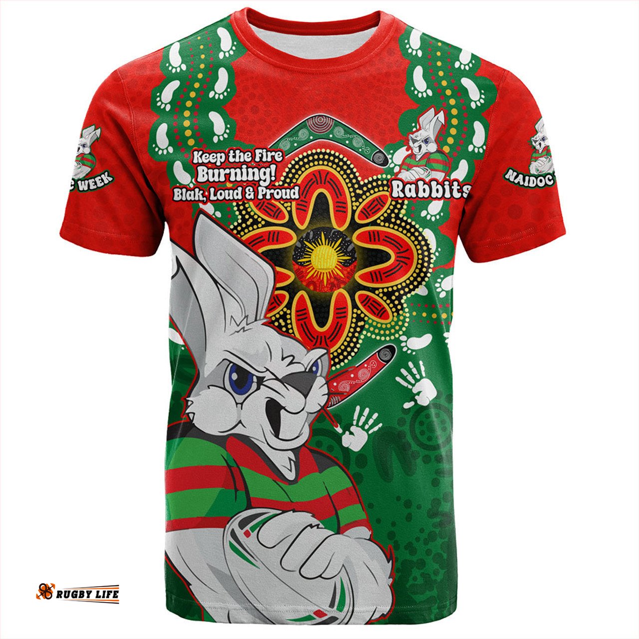 Amazing Aussie South Sydney Rabbitohs T-Shirt Aboriginal Inspired Naidoc Symbol Pattern