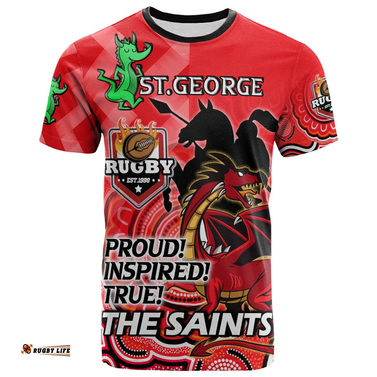 Amazing Aussie St. George Illawarra Dragons T-shirt - Custom SAINTS PROUD! INSPIRED! TRUE! Dragon Aboriginal Inspired Patterns T-shirt