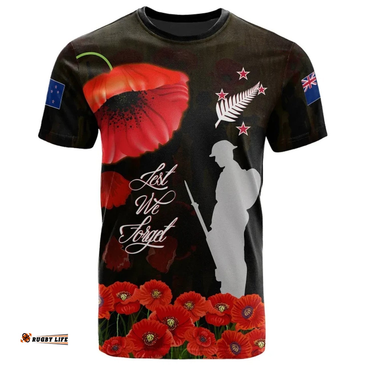 Amazing Aussie New Zealand Warriors Anzac T - Shirt - Remembrance Poppy Flowers