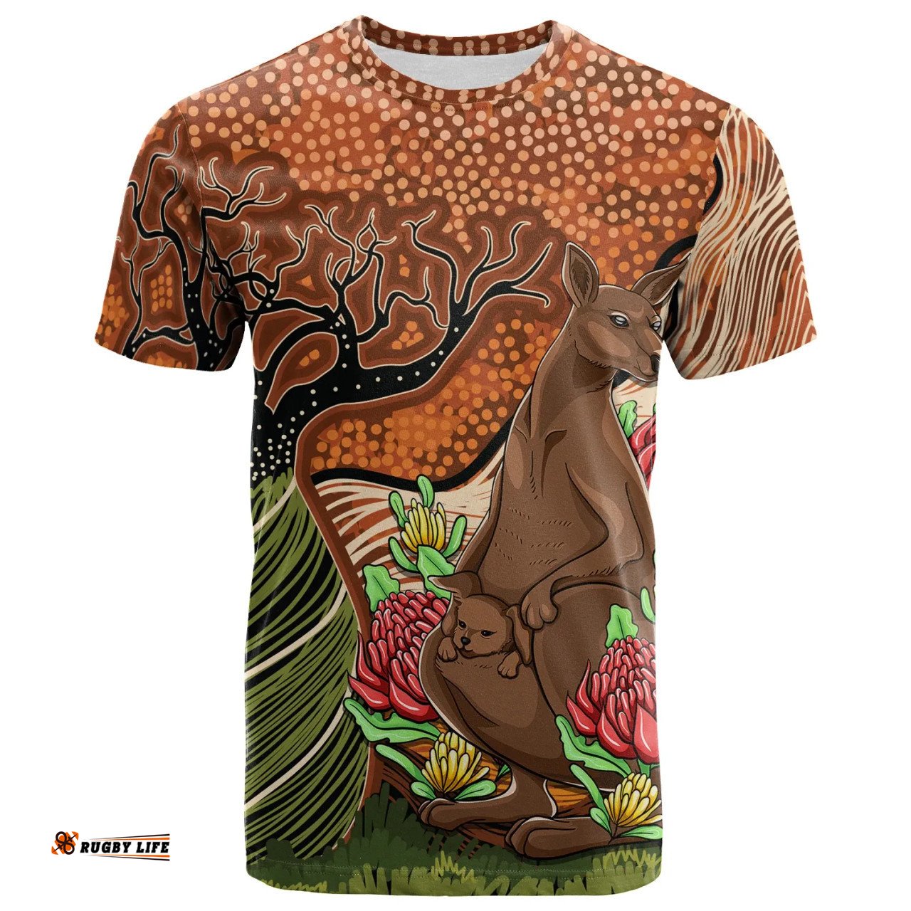 Amazing Aussie Australia Aboriginal Inspired T-Shirt - Kangaroo With Indigenous Tree