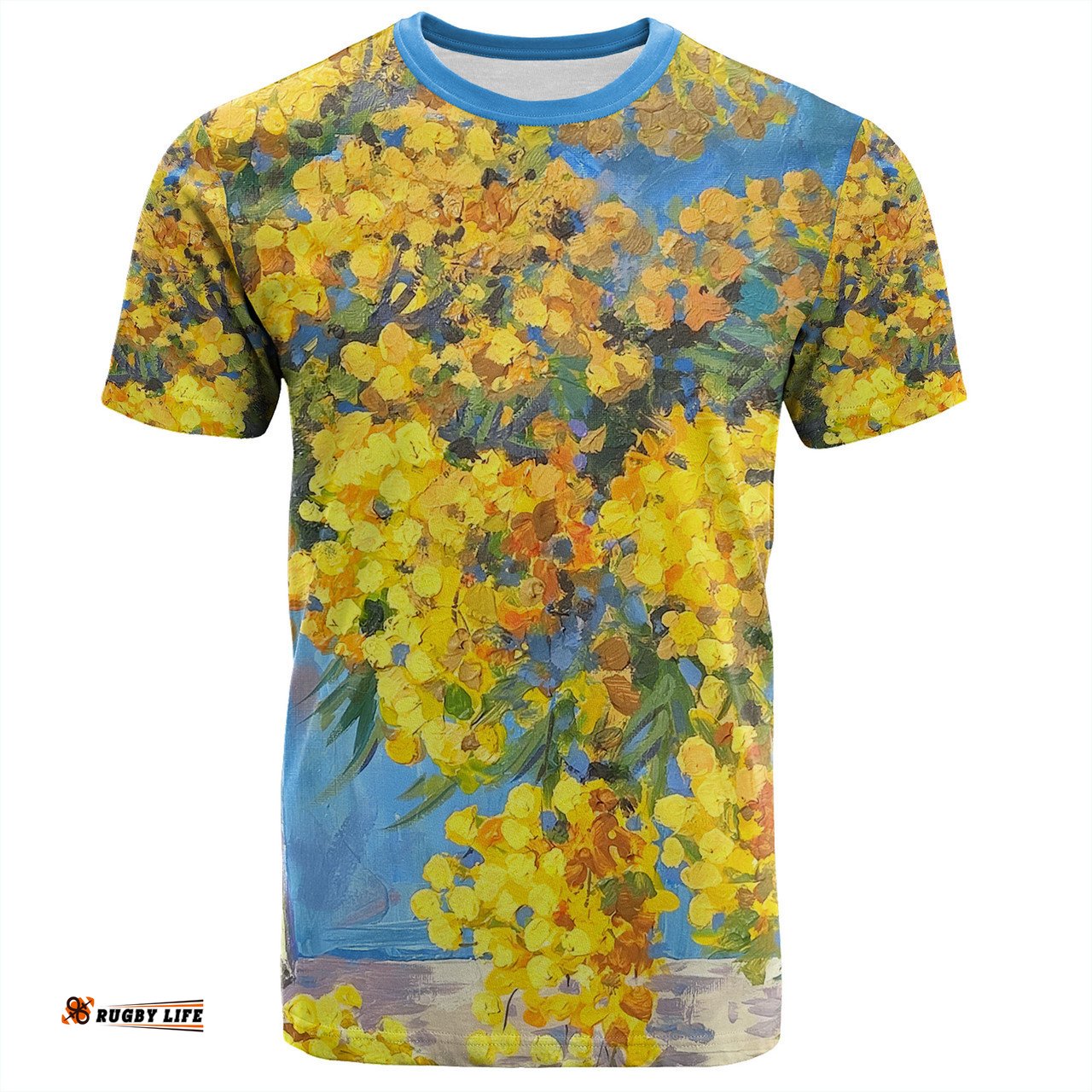 Amazing Aussie Australia Golden Wattle T-shirt - Golden Wattle Bouquet Blue Background Oil Painting Art  T-shirt
