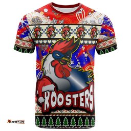 Amazing Aussie Sydney Roosters Christmas T-Shirt - Custom Xmas Sydney Roosters Christmas Balls, Snowflake With Aboriginal Inspired Patterns T-Shirt