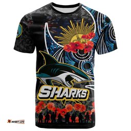 Amazing Aussie Cronulla-Sutherland Sharks T-shirt - Cronulla-Sutherland Sharks Anzac Day with Poppy Flower Aboriginal Inspired T-shirt