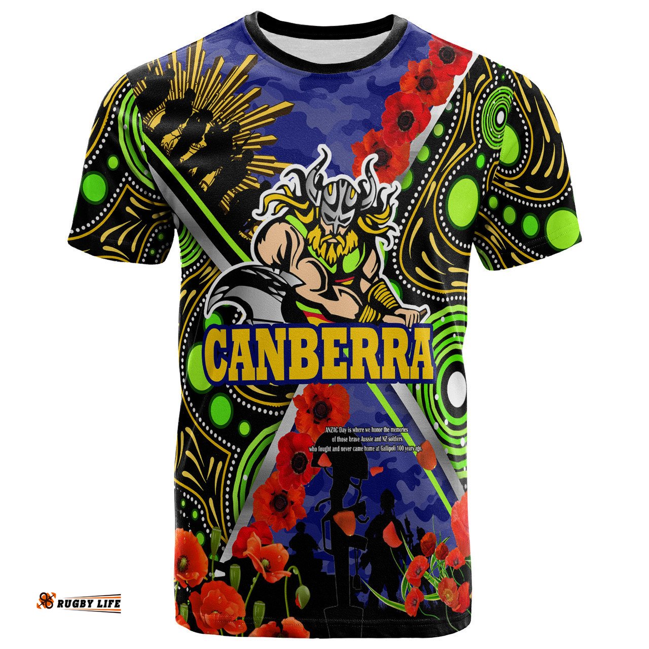 Amazing Aussie Canberra Raiders Anzac T-shirt - Canberra Raiders Lest We Forget Aboriginal Inspired T-shirt