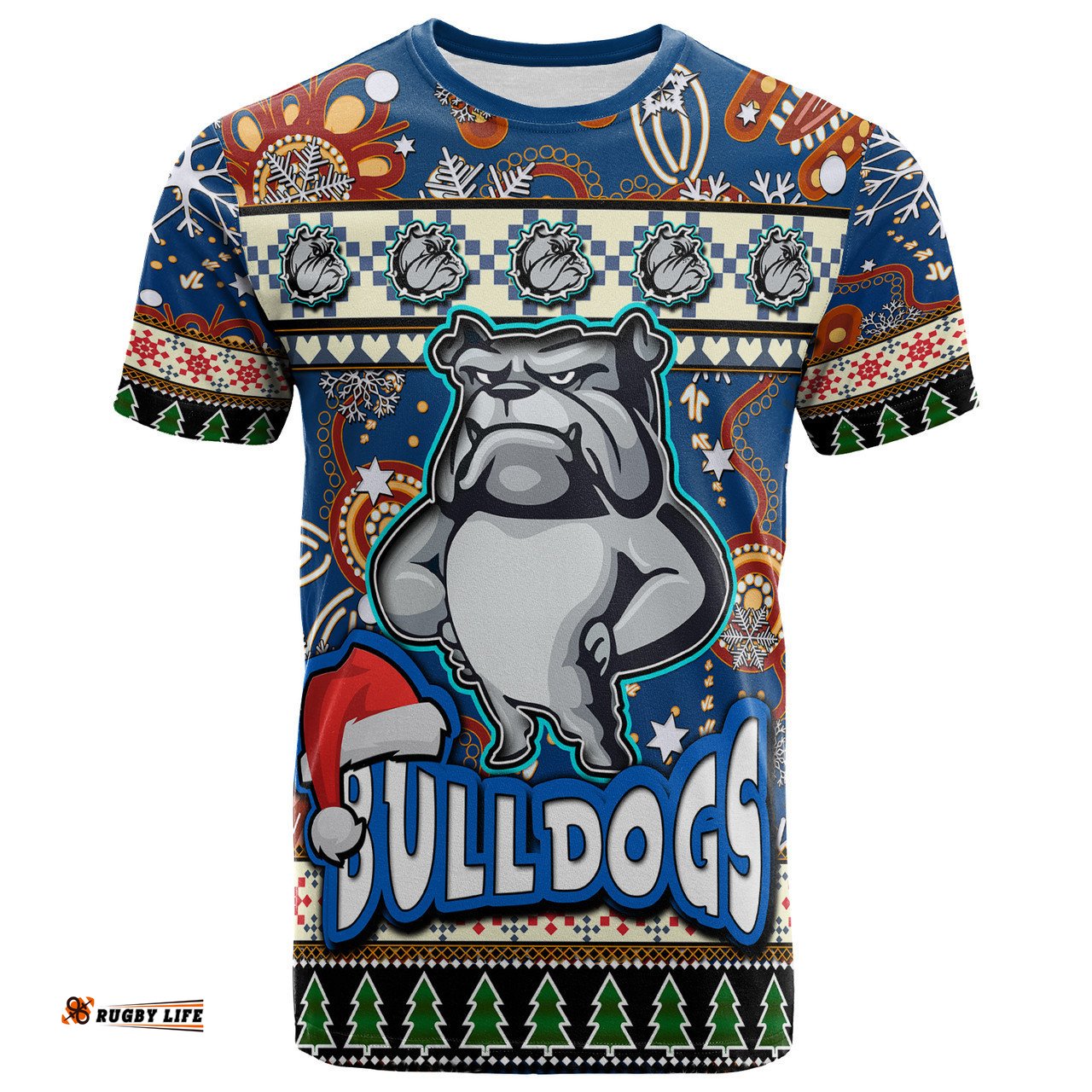 Amazing Aussie Canterbury-Bankstown Bulldogs Christmas T-Shirt - Custom Xmas Canterbury-Bankstown Bulldogs Christmas Balls, Snowflake With Aboriginal Inspired Patterns T-Shirt
