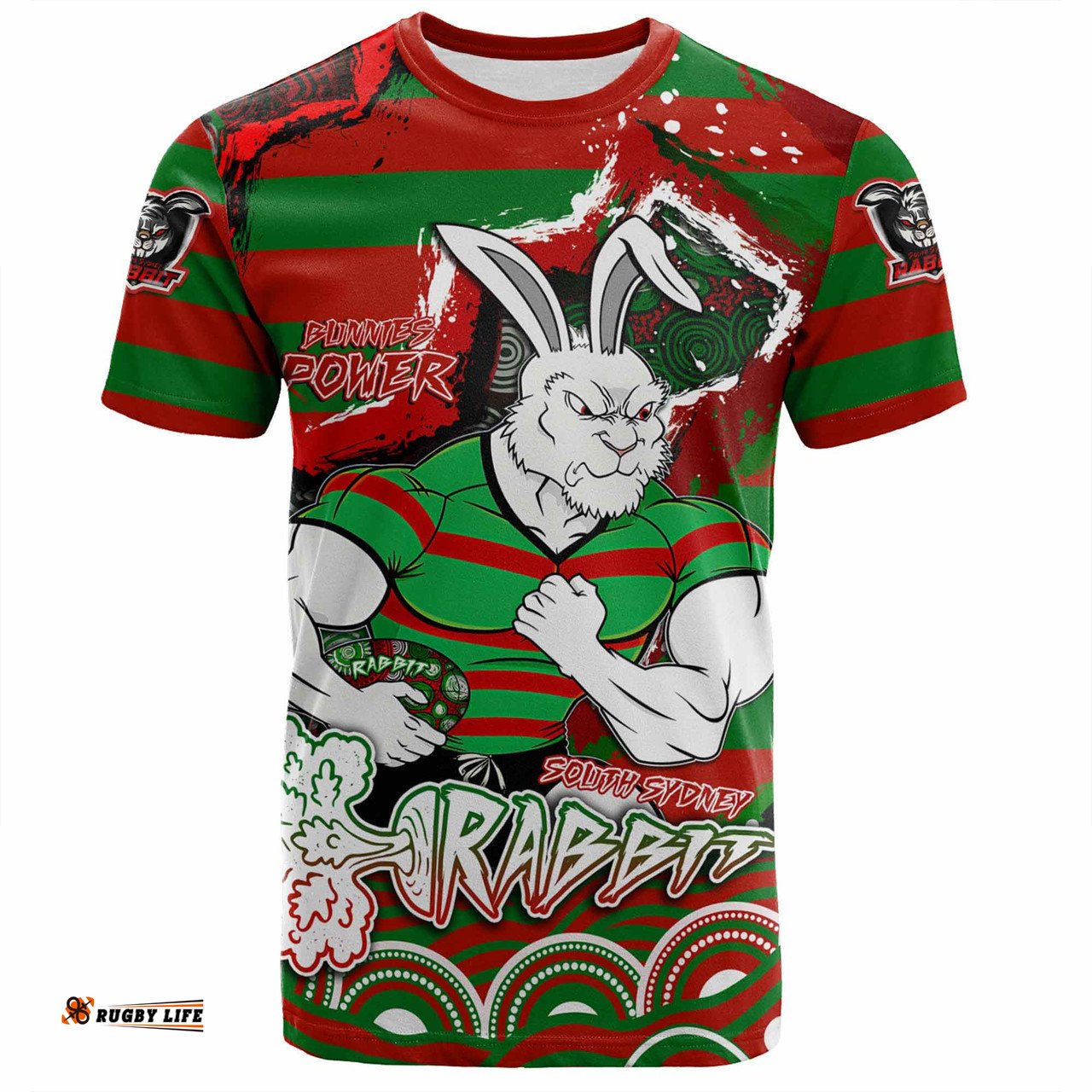 Amazing Aussie South Sydney Rabbitohs T-Shirt - Custom Super Bunnies Aboriginal Inspired T-Shirt