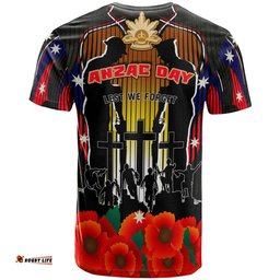 Australia Anzac Day T- Shirt - Anzac Day '' Lest We Forget '' Quotes With Stripes Patterns T- Shirt
