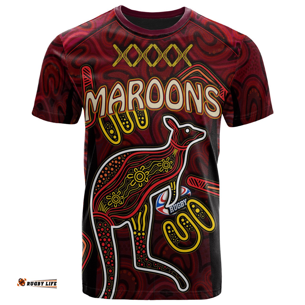 Amazing Aussie Maroons T- Shirt - Custom QLD Maroons Kangaroo With Aboriginal Inspired Culture T- Shirt