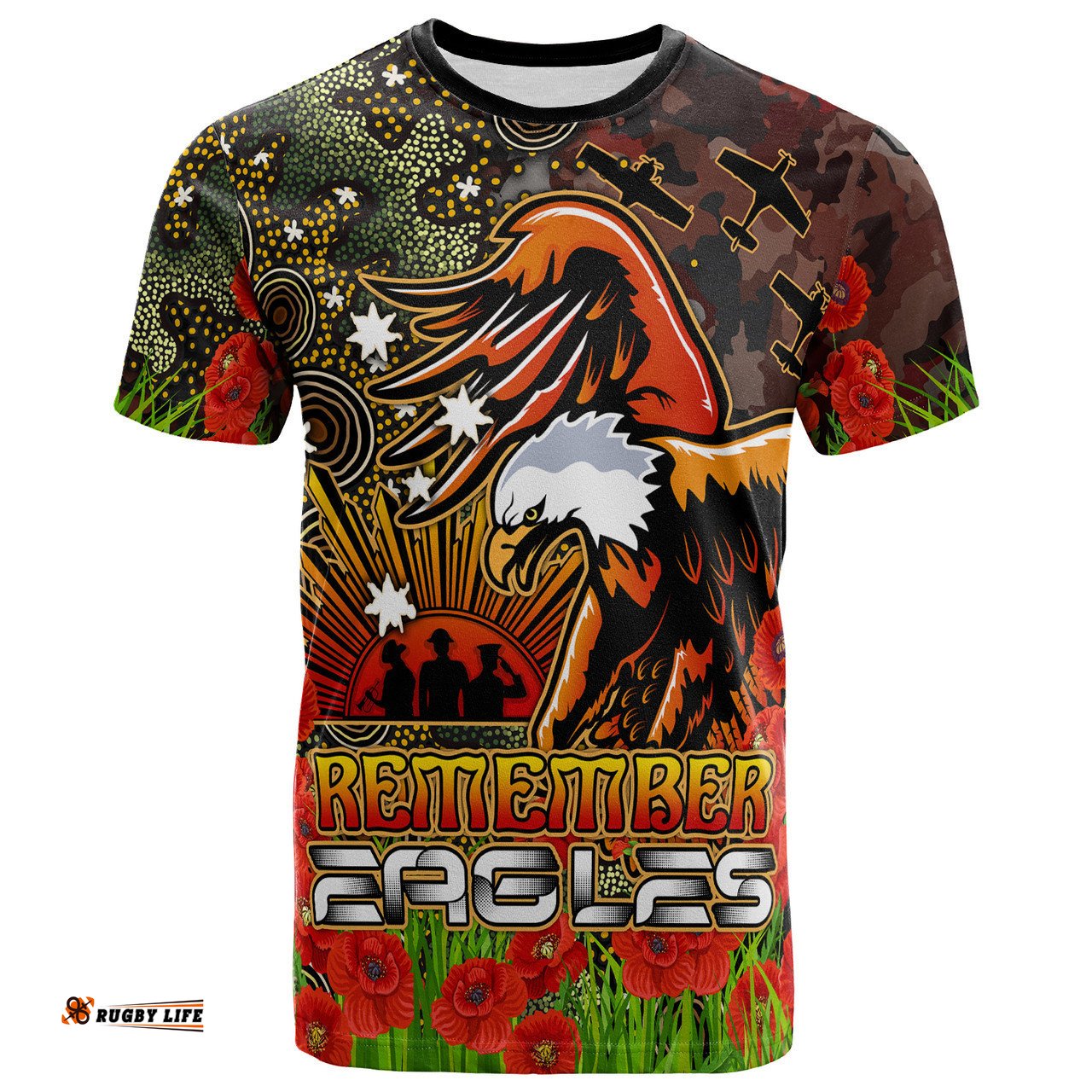 Amazing Aussie Manly Warringah Sea Eagles T-shirt - Anzac Manly Warringah Sea Eagles with Remembrance Poppy and Indigenous Patterns T-shirt