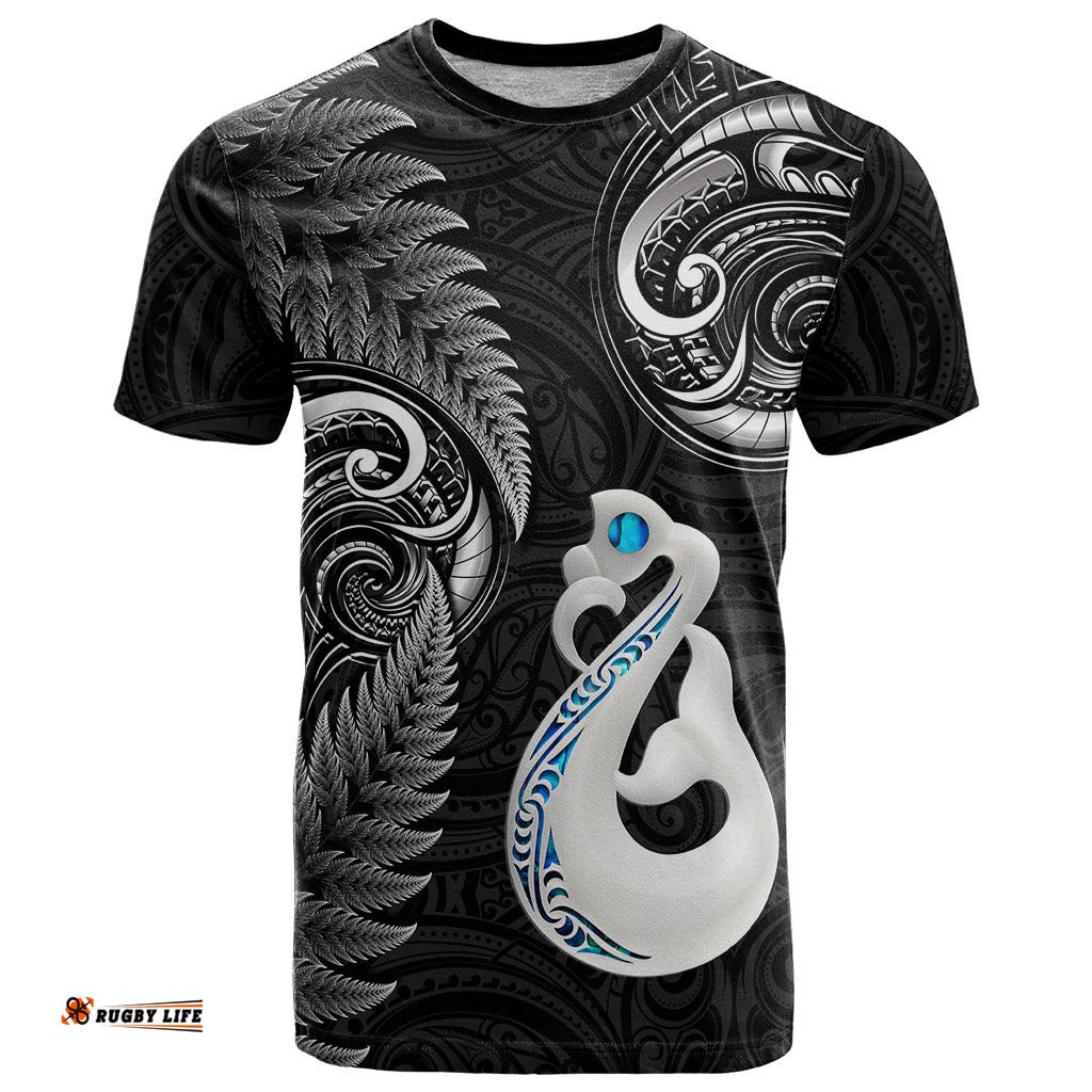 personalised new zealand t shirt aotearoa silver fern with manaia maori unique black