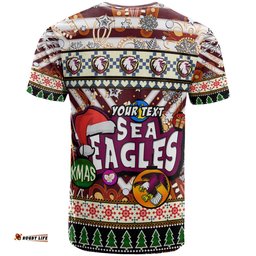 Amazing Aussie Manly Warringah Sea Eagles Christmas T-Shirt - Custom Xmas Manly Warringah Sea Eagles Christmas Balls, Snowflake With Aboriginal Inspired Patterns T-Shirt