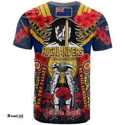 Amazing Aussie Otago Highlanders Anzac Watercolour Custom T-shirt - Remembrance Highlanders With New Zealand Flag And Poppy Flower