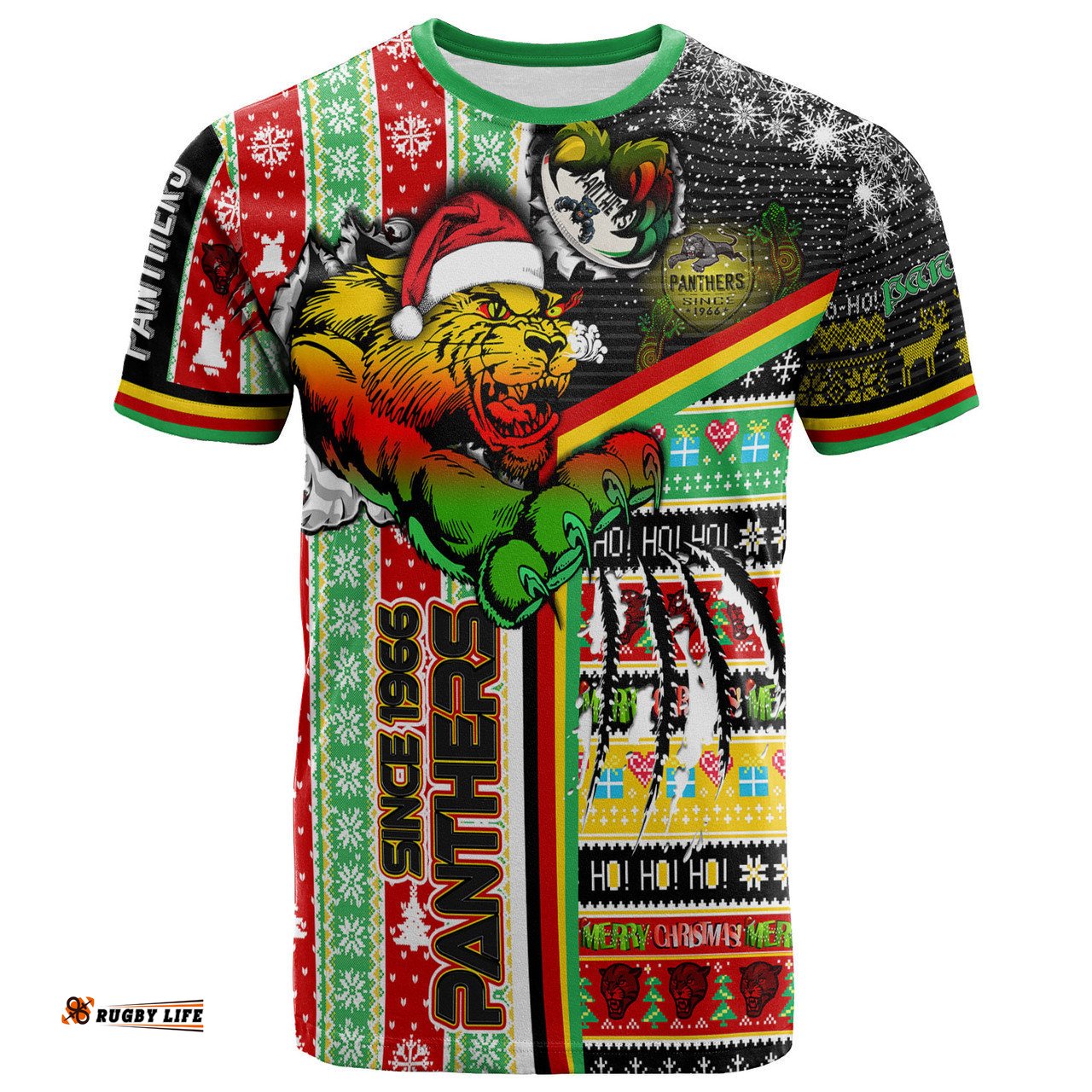 Amazing Aussie Penrith Panthers Christmas T-shirt - Custom Merry Super Penrith Panthers Christmas With Snowflakes Ho Ho Ho Scratch T-shirt