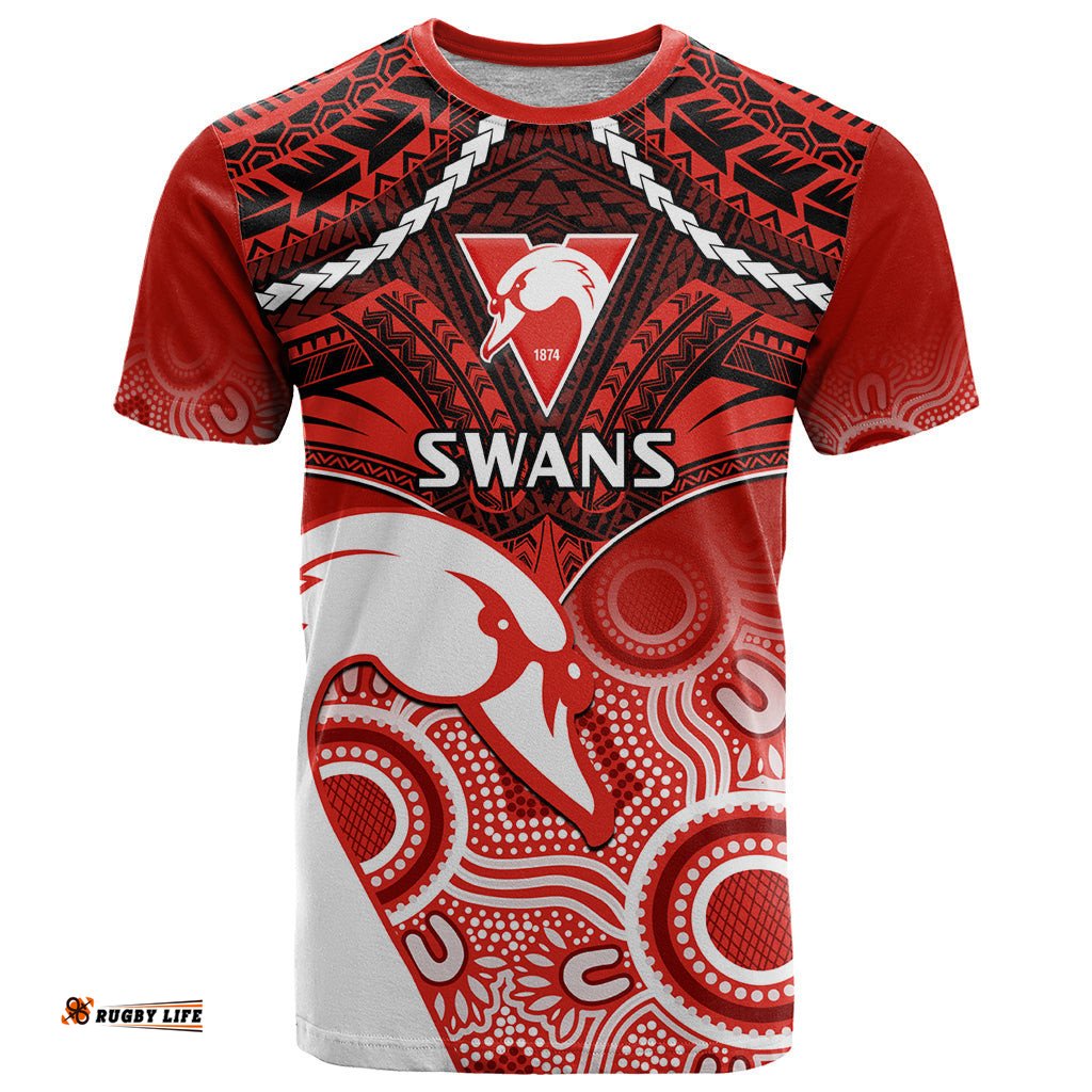 personalised sydney swans football t shirt go swannies aboriginal mix polynesian pattern