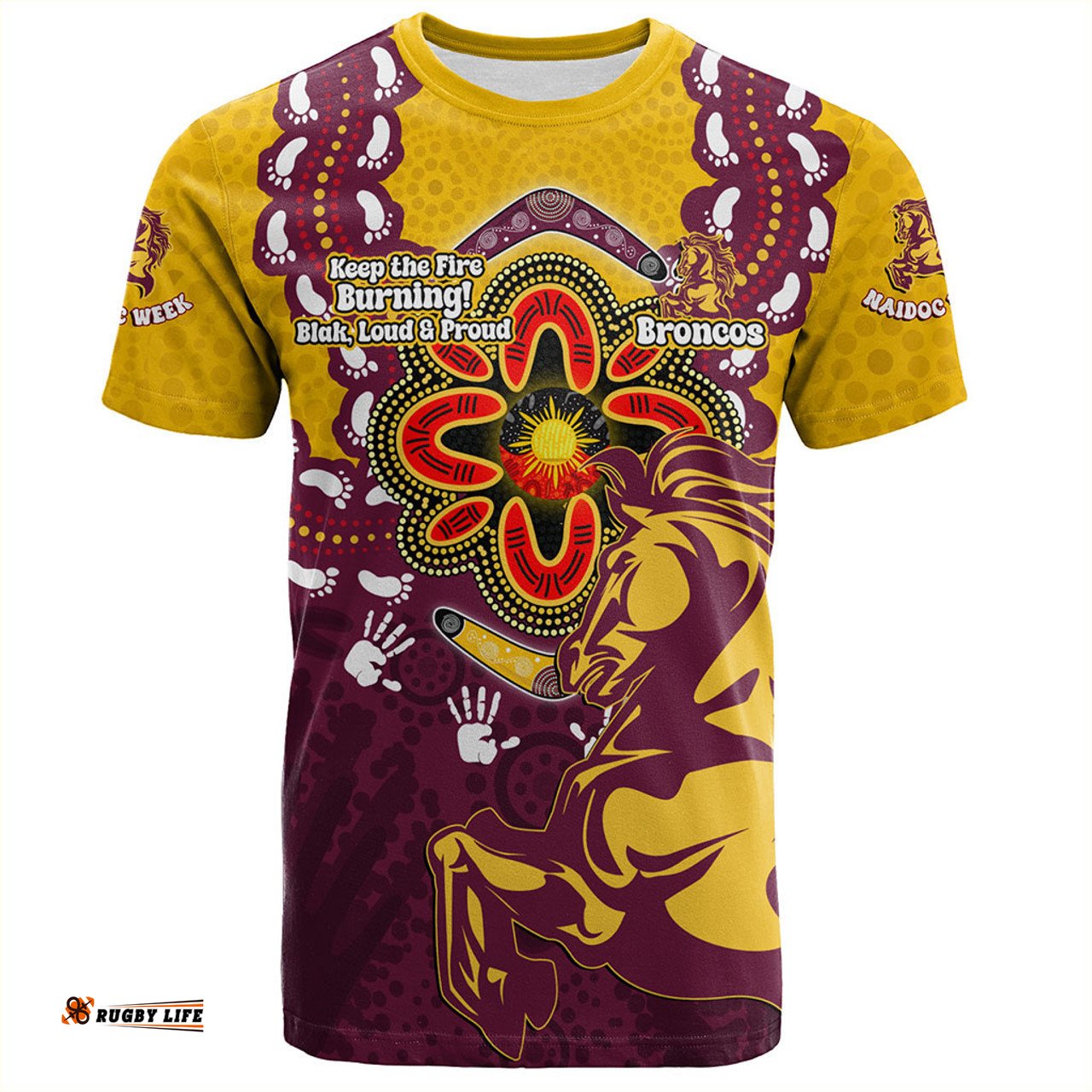 Amazing Aussie Brisbane Broncos T-Shirt Aboriginal Inspired Naidoc Symbol Pattern