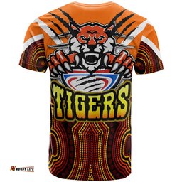 Amazing Aussie Wests Tigers T- Shirt - Custom Tiger Holding Ball Aboriginal Inspired Style Pattern T- Shirt