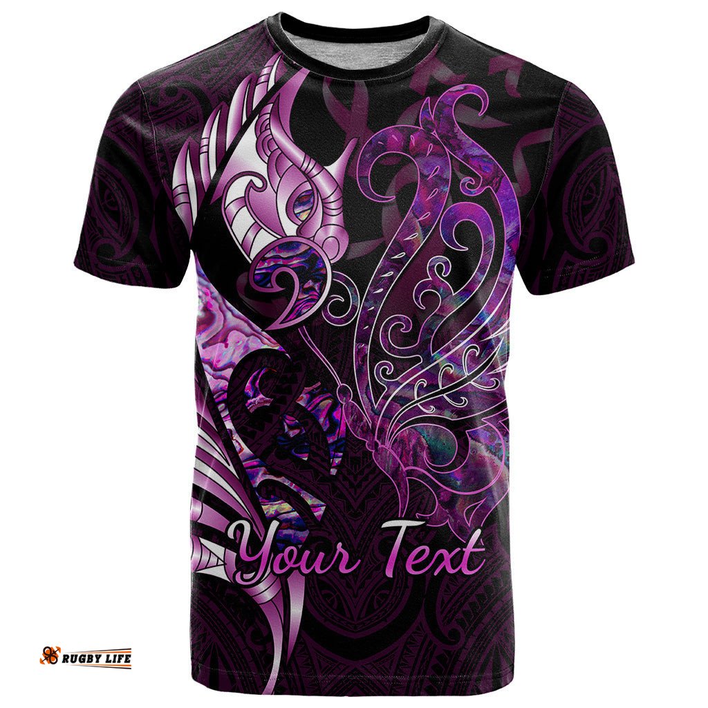 personalised new zealand breast cancer t shirt fight like a girl pink manaia fern with paua shell
