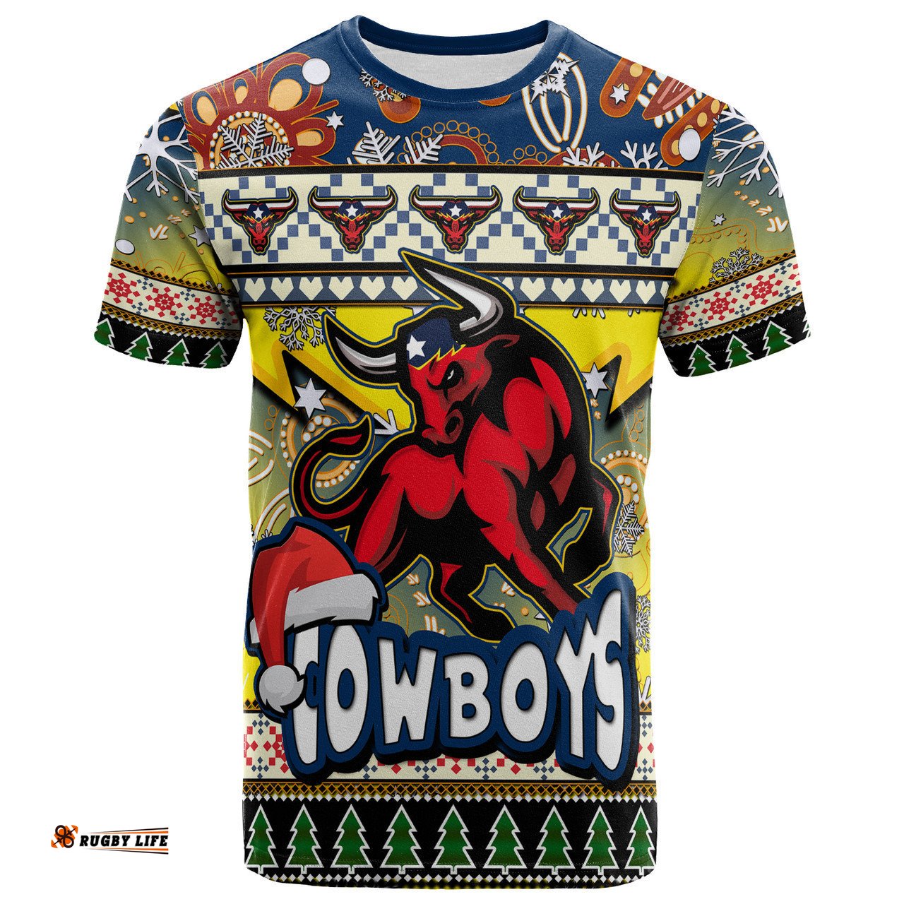 Amazing Aussie North Queensland Cowboys Christmas T-Shirt - Custom Xmas Cowboys Christmas Balls, Snowflake With Aboriginal Inspired Patterns T-Shirt