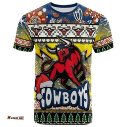Amazing Aussie North Queensland Cowboys Christmas T-Shirt - Custom Xmas Cowboys Christmas Balls, Snowflake With Aboriginal Inspired Patterns T-Shirt