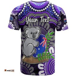 custom personalised australia koala aboriginal t shirt koala hugging rugby ball purple