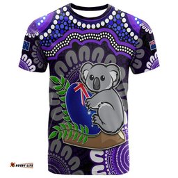 custom personalised australia koala aboriginal t shirt koala hugging rugby ball purple