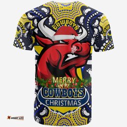 Amazing Aussie North Queensland Cowboys Christmas Custom T-Shirt - Merry Christmas North Queensland Cowboys With Dot Art Painting Footprints