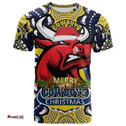 Amazing Aussie North Queensland Cowboys Christmas Custom T-Shirt - Merry Christmas North Queensland Cowboys With Dot Art Painting Footprints
