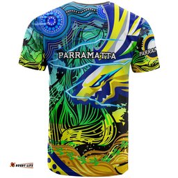 Amazing Aussie Parramatta Eels T-shirt - Custom Electric Parramatta Eels with Aboriginal Inspired Dot Painting Player And Number T-shirt