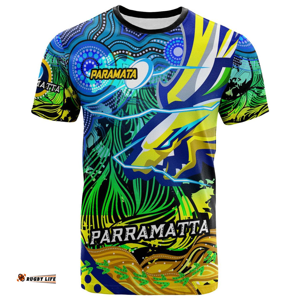 Amazing Aussie Parramatta Eels T-shirt - Custom Electric Parramatta Eels with Aboriginal Inspired Dot Painting Player And Number T-shirt