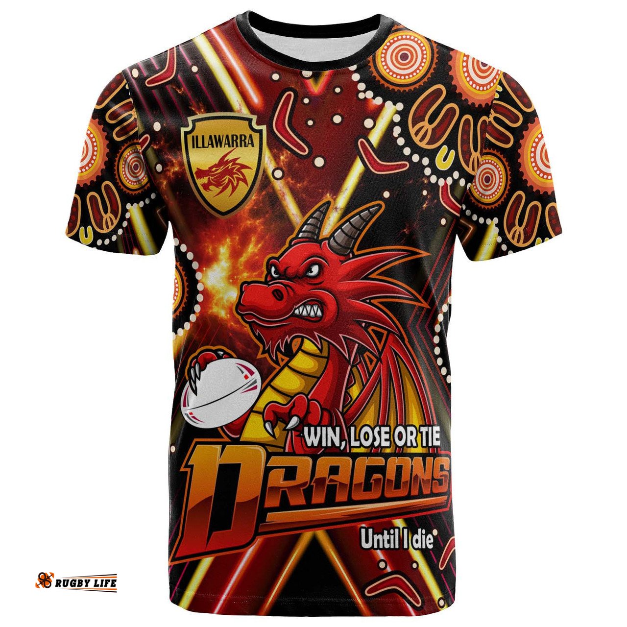 Amazing Aussie St. George Illawarra Dragons T-shirt - Custom Dragon Mascot Illawarra with Aboriginal Inspired Art Player And Number T-shirt