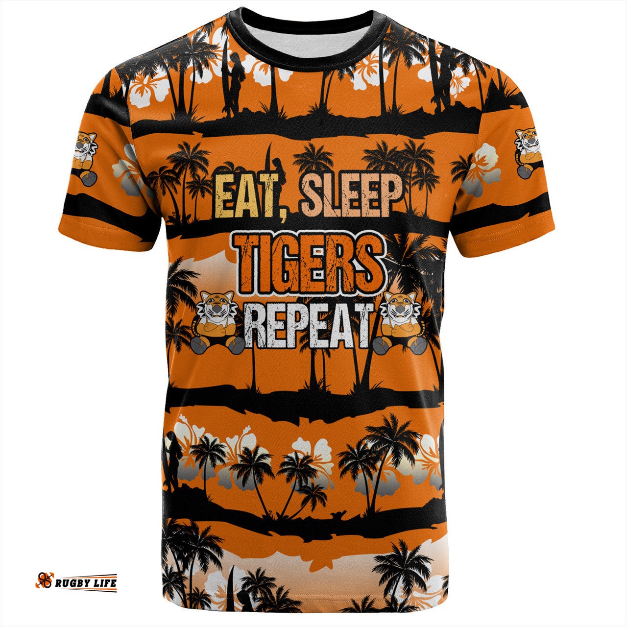 Amazing Aussie Wests Tigers T-Shirt - Eat Sleep Repeat With Tropical Patterns