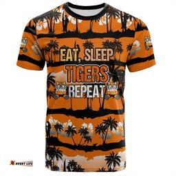 Amazing Aussie Wests Tigers T-Shirt - Eat Sleep Repeat With Tropical Patterns