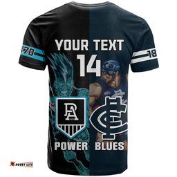 personalised carlton and port adelaide football t shirt blues mix power sporty version