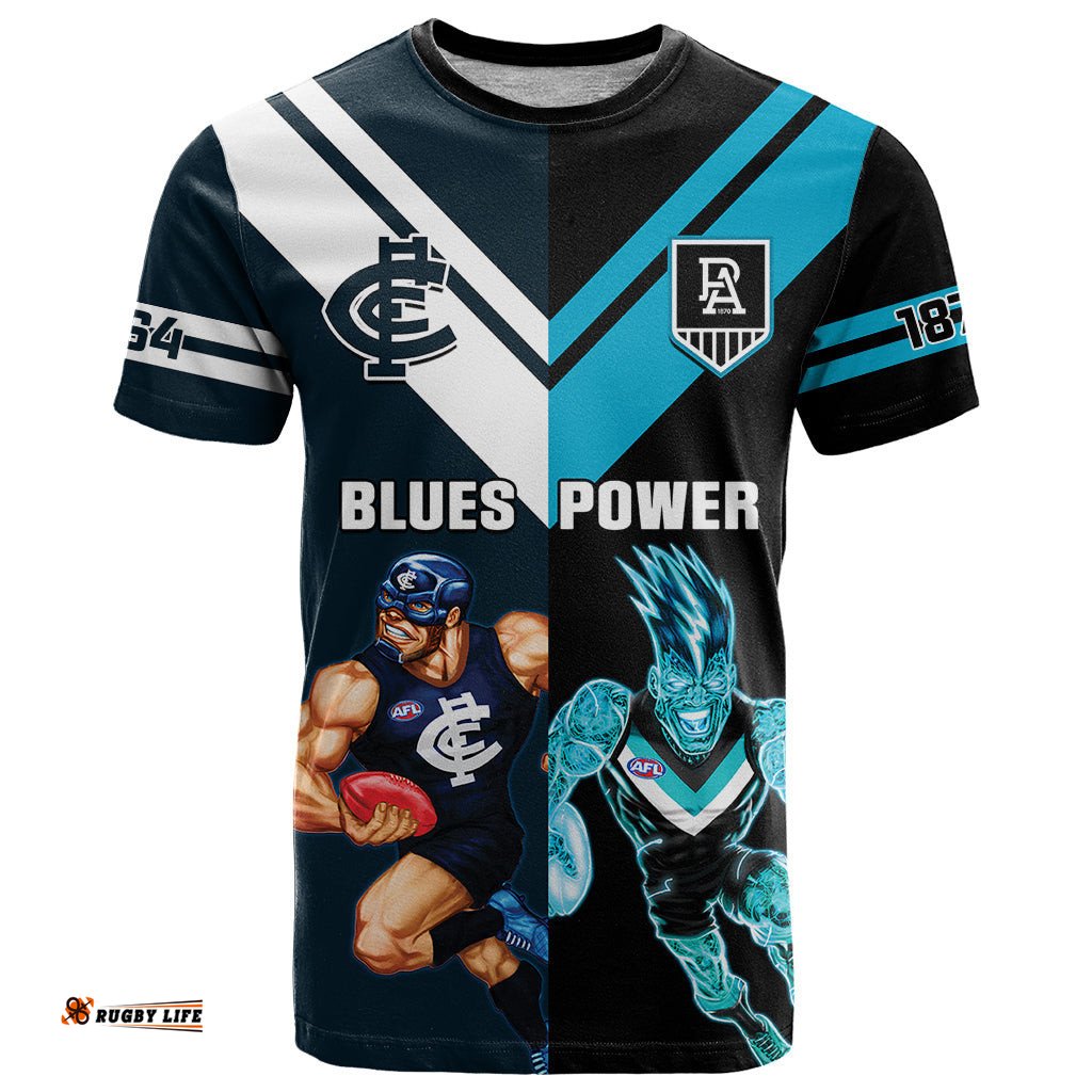 personalised carlton and port adelaide football t shirt blues mix power sporty version