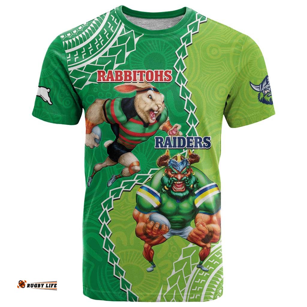 personalised rabbitohs and raiders rugby t shirt aboriginal mix polynesian pattern