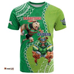 personalised rabbitohs and raiders rugby t shirt aboriginal mix polynesian pattern