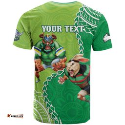 personalised rabbitohs and raiders rugby t shirt aboriginal mix polynesian pattern